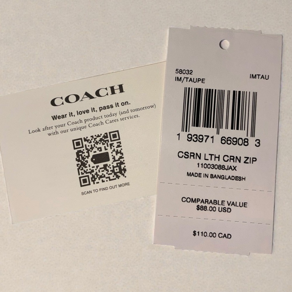 NWT Coach Corner Zip Wristlet Women Small Taupe Gold Crossgrain Leather CV396 - Picture 11 of 11